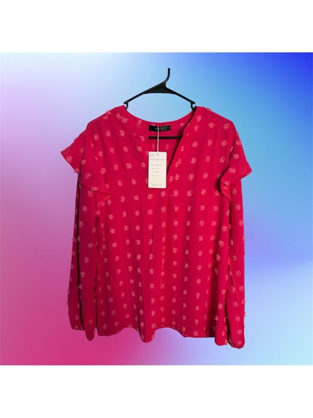 Zesica Long-Sleeve V Neck Blouse in Bright Pink with Texture dots - size L